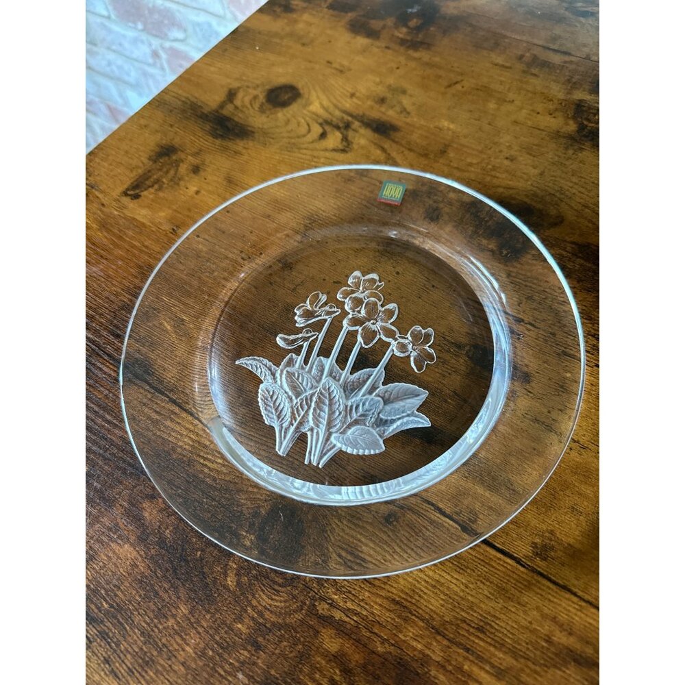 Hoya Japan Crystal Plate With Floral Etching Transparent Glass Decorative Dish